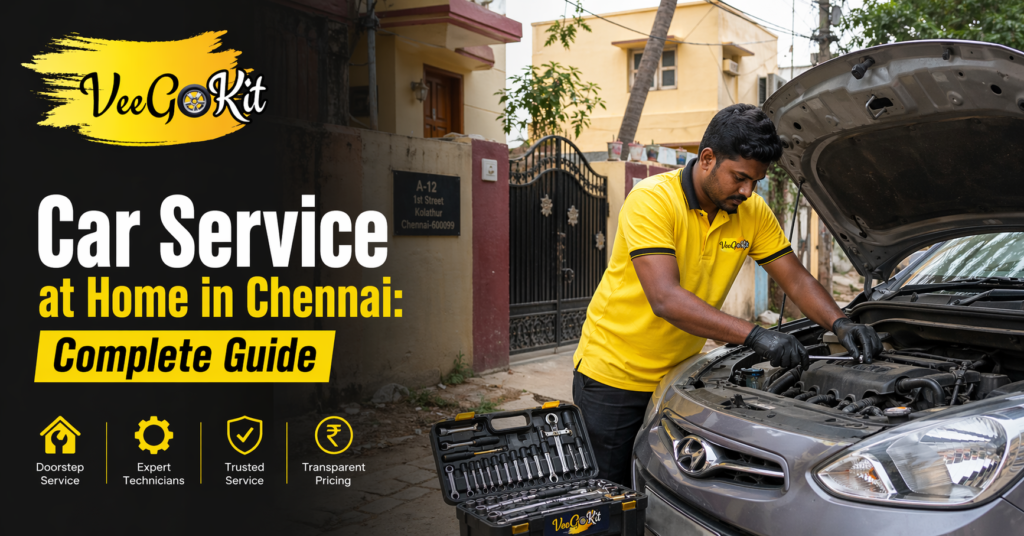 Doorstep car service in Chennai with mechanic repairing car at home Veegokit