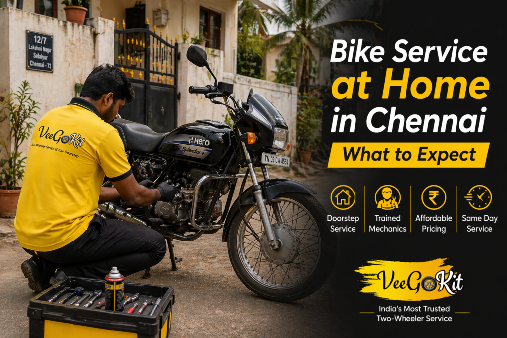 Bike service at home Chennai mechanic repairing motorcycle outside house