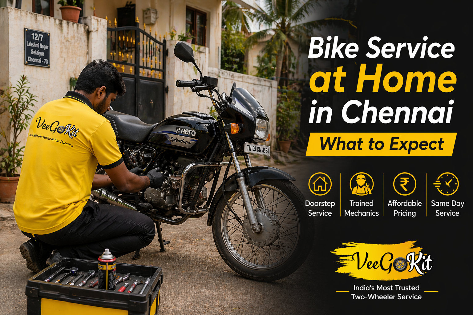 Bike service at home Chennai mechanic repairing motorcycle outside house