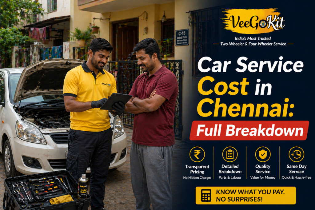 mechanic servicing a car at home in Chennai with tools and equipment