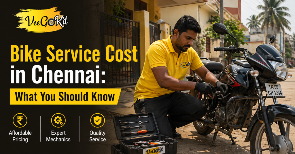 mechanic in yellow t-shirt servicing a bike at home in Chennai
