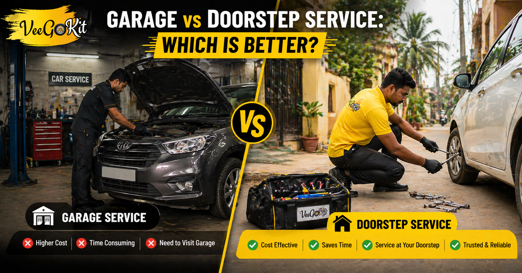 comparison of garage service and doorstep vehicle service with mechanic working at home and workshop